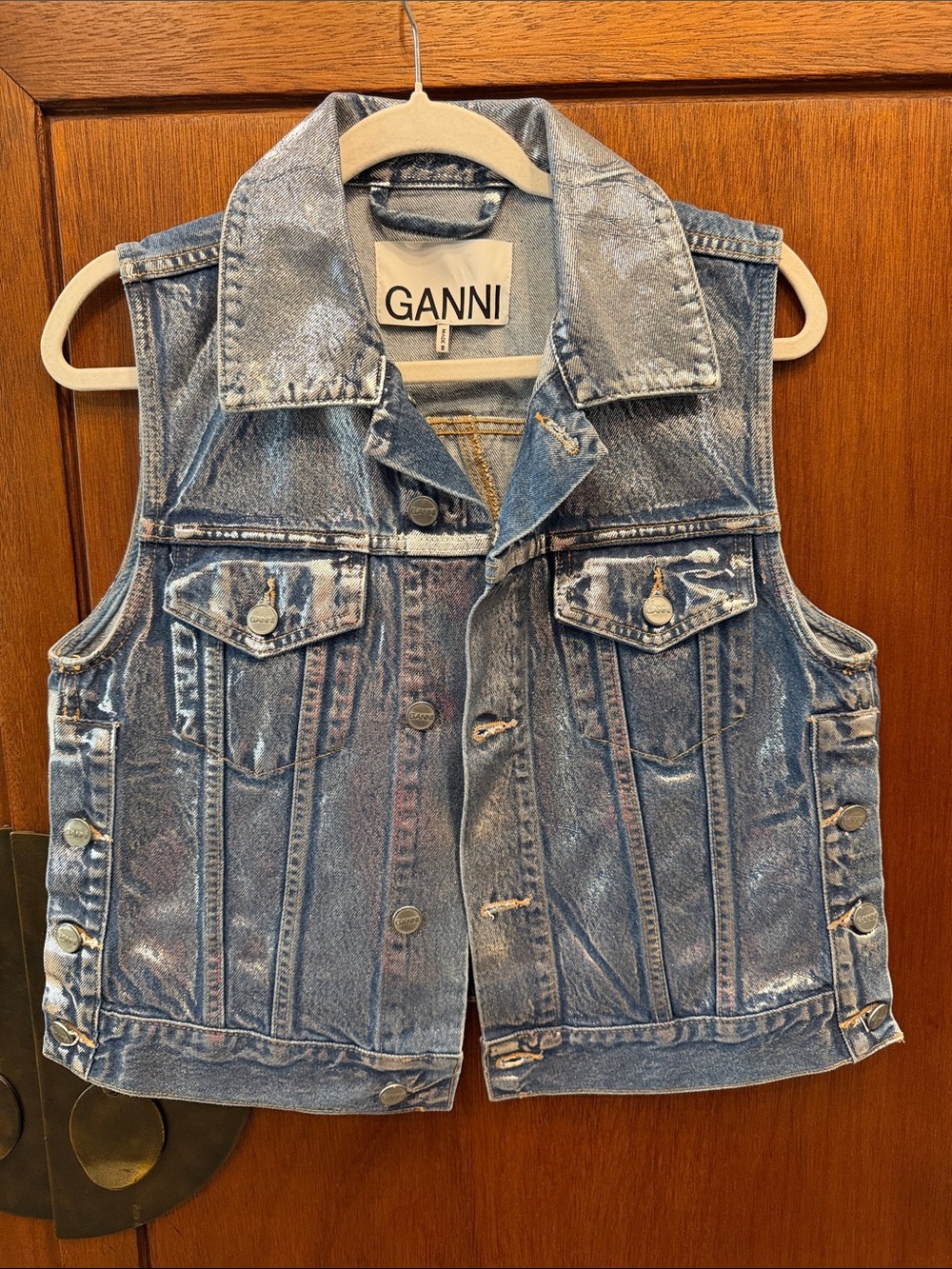 Ganni Shimmery Blue Denim Vest Sz 40
